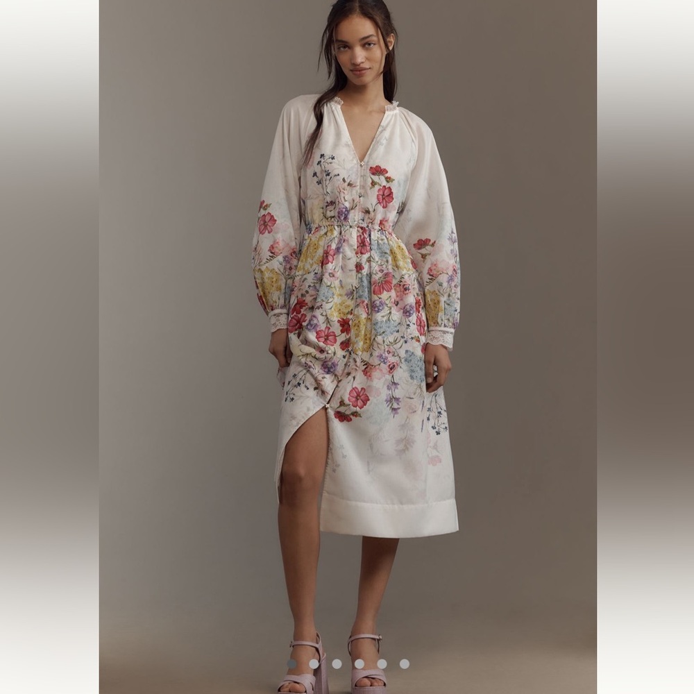 Anthropologie Let me be long sleeve V neck floral A-line midi dress